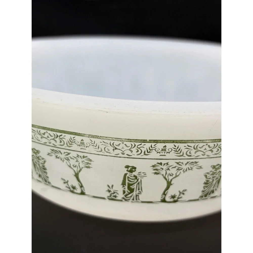 Vintage Glasbake Milk Glass With Roman Greek Green Design 2 QT Casserole‎ Dish